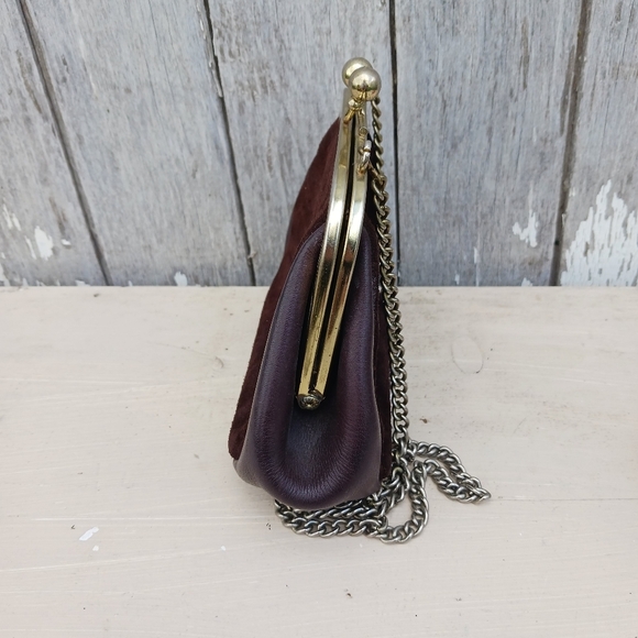 Vintage Brown Leather Gold Kiss Lock  Purse With Silver Chain Mini - Picture 10 of 10